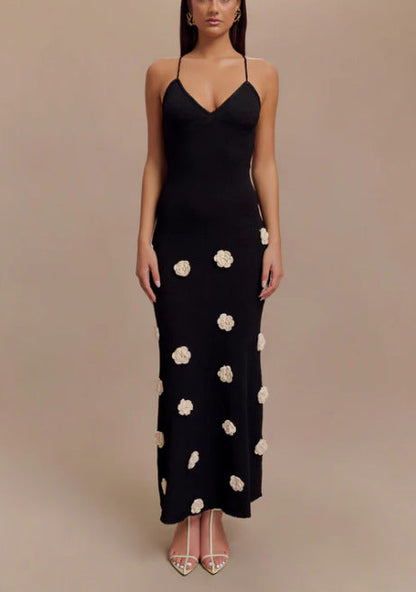 Dress for Women – Slim Fit – Knitted Fabric – 3D Flowers – Open Back with Ties