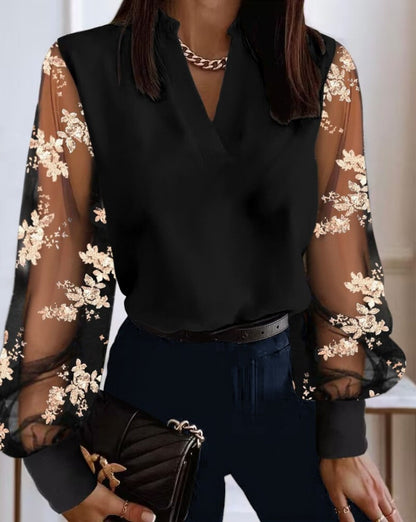 Women's Blouse with Lace Sleeves – V-Neck – Floral Transparent Sleeves – Relaxed Fit