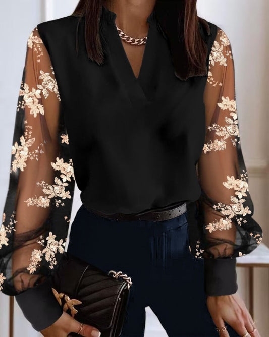 Women's Blouse with Lace Sleeves – V-Neck – Floral Transparent Sleeves – Relaxed Fit
