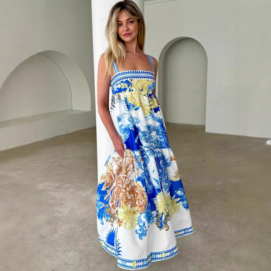 Dress for Women – A-line Fit – Light Cotton Blend – Patterned Maxi with Ruffles