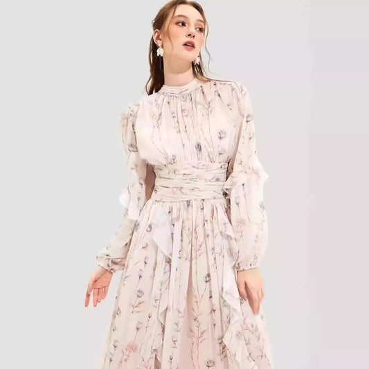 Women's Dress – Chiffon – Full Length – Long Sleeves – Ruffles – Printed Pattern