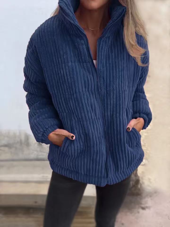 Women's Jacket – Corduroy – Relaxed Fit – Short Length – Stand Collar – Zipper