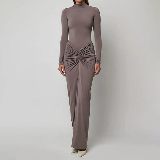 Dress for Women – Bodycon Fit – High Neck – Long Sleeves – Ruched Waist – Maxi Length