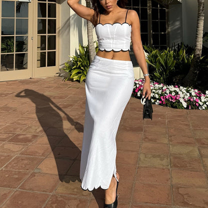 Women's Two-Piece Set – Slim Crop Top with Straps – Midi Skirt with Width – Light and Breathable