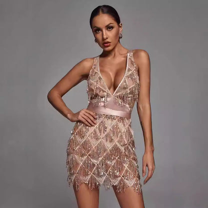 Dress woman – Midi length – Tight fit – Deep V-neck – Sequins and fringes