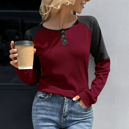 Women's Long-Sleeve T-Shirt – Waffle Knit – Buttoning – Raglan Sleeves – Relaxed Fit