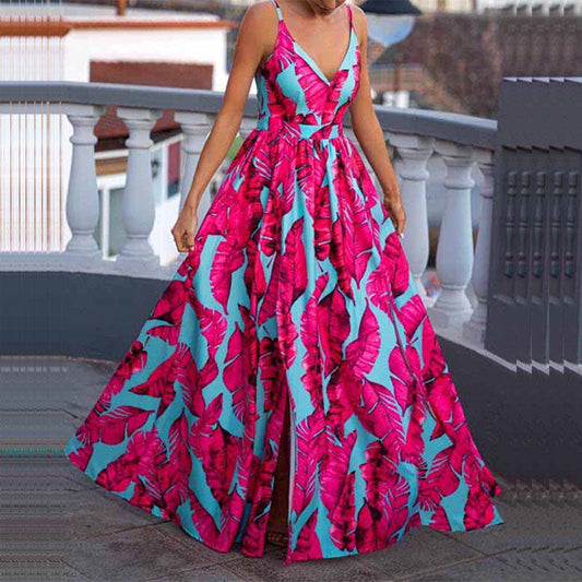 Dress for Women – Maxi Dress – A-line Fit – Spaghetti Straps – Deep Neckline – Light Layers with Print