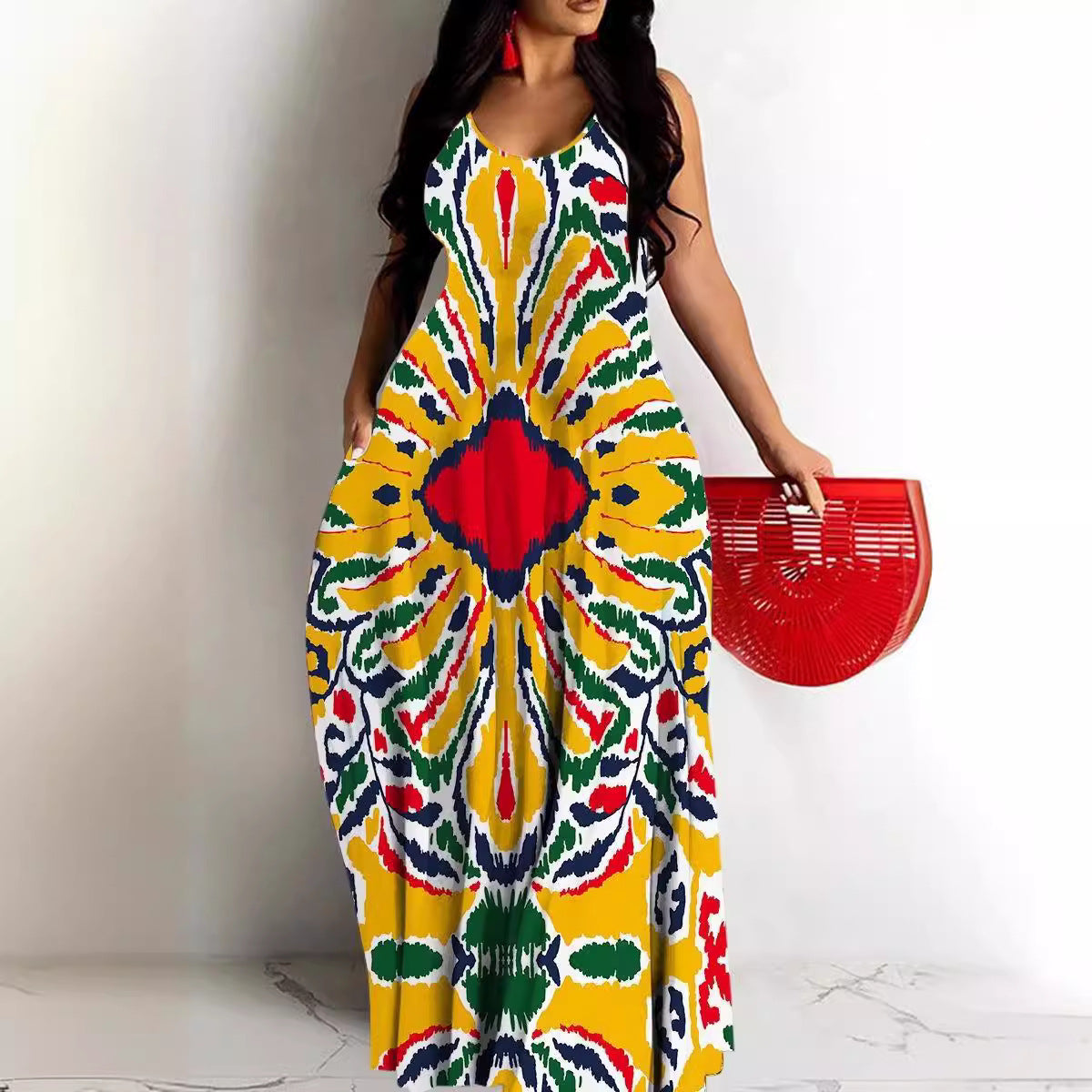 Women's Maxi Dress – Deep V-neck – Spaghetti Straps – Loose Fit – Abstract Pattern