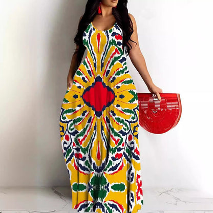 Women's Maxi Dress – Deep V-neck – Spaghetti Straps – Loose Fit – Abstract Pattern