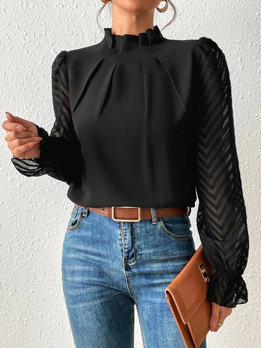 Women's Blouse – Relaxed Fit – High Neck – Sheer Sleeves – Elegant Style