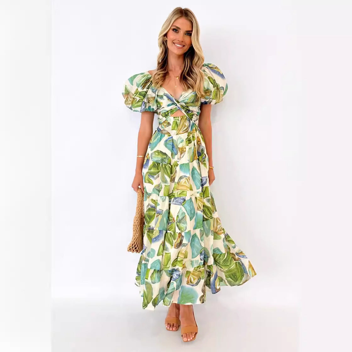 Women's Maxi Dress – Off-Shoulder – Puff Sleeves – Smocked Bodice – Light and Airy – Patterned