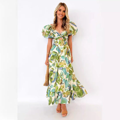 Women's Maxi Dress – Off-Shoulder – Puff Sleeves – Smocked Bodice – Light and Airy – Patterned
