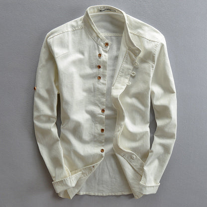 Men's Shirt – Linen – Relaxed Fit – Stand Collar – Long Sleeves with Buttons