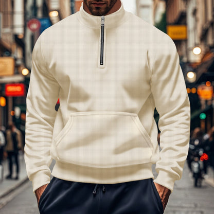 Men's Sweater – Relaxed Fit – Half Zip – Kangaroo Pocket – Ribbed Edges – Cotton Knit