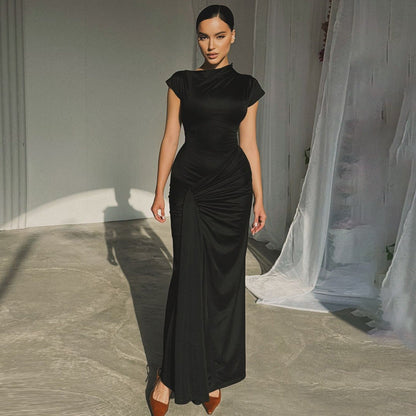 Dress woman – Floor-length – Tight fit – Draped waist – Short sleeves – Elegant