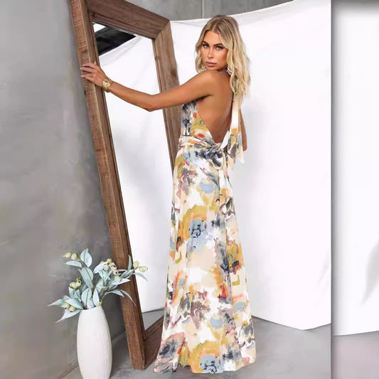 Dress woman – A-line shape – V-neck – Sleeveless – Abstract print – Open back with tie detail