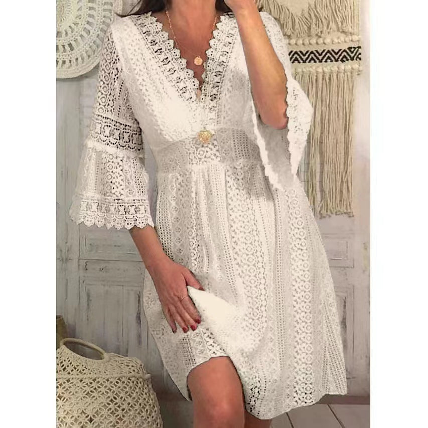 Dress for Women – Lace – V-neck – Knee-length – Trumpet Sleeves – Elegant Fit