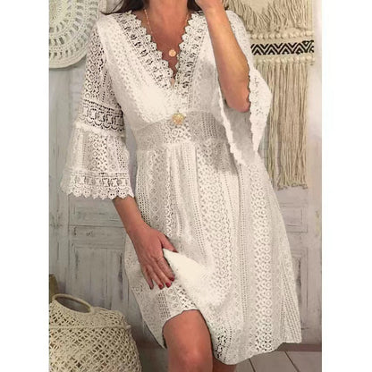 Dress for Women – Lace – V-neck – Knee-length – Trumpet Sleeves – Elegant Fit