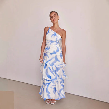 Kjole til dame – One-shoulder – Maxi – Rynket overdel – A-linjeskjørt med volanger – Abstrakt mønster