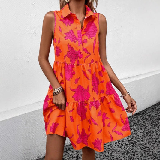 Dress for Women – Cotton Mini Dress – Sleeveless – A-line – Buttons – Floral Print