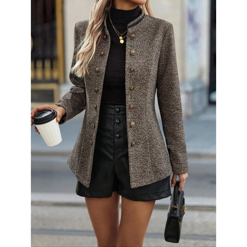 Women's Long Coat – Tailored Fit – Wool-like Texture – Double-breasted – Stand Collar