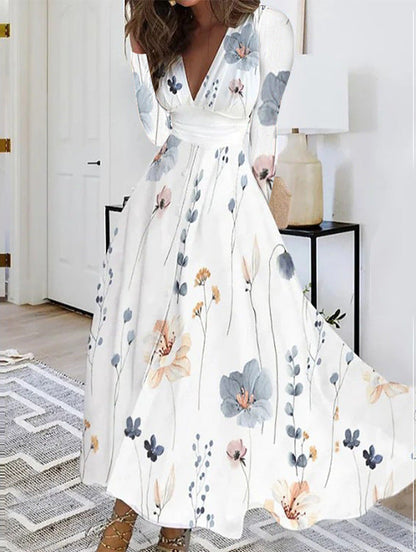 Dress for Women – Maxi Dress – Floral Print – V-Neck – Long Sleeves – Bohemian Style