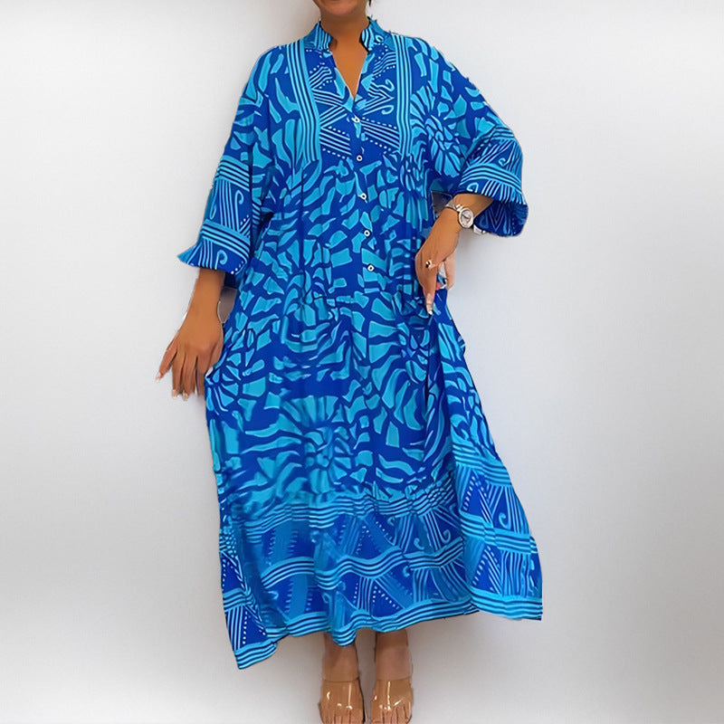 Dress for Women – Midi Length – Relaxed Fit – Abstract Pattern – 3/4 Sleeves – Stand Collar – Front Buttons