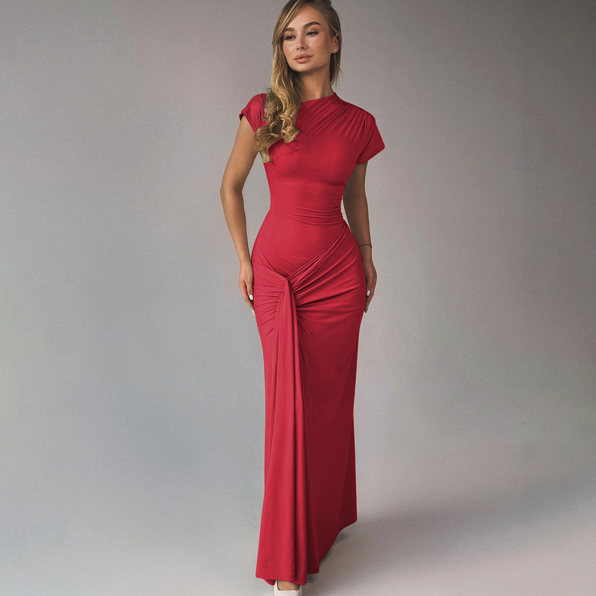 Dress woman – Floor-length – Tight fit – Draped waist – Short sleeves – Elegant