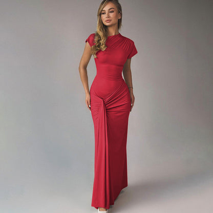Dress woman – Floor-length – Tight fit – Draped waist – Short sleeves – Elegant