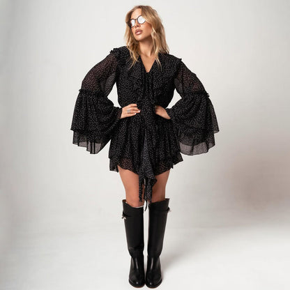 Dress woman – mini dress – chiffon – flared fit – ruffle collar – bell sleeves – polka dot pattern
