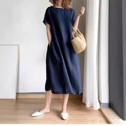 Women's Midi Dress – Light Fabric – Loose Fit – Short Sleeve – Simple Design