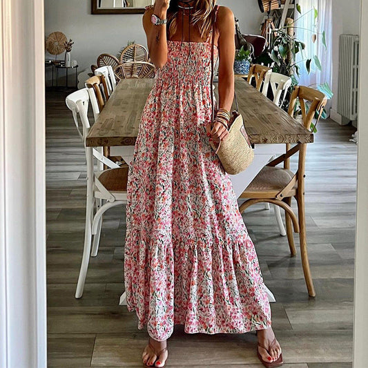 Women's Maxi Dress – Smocked Bodice – Loose Fit – Natural Fibers – Thin Straps