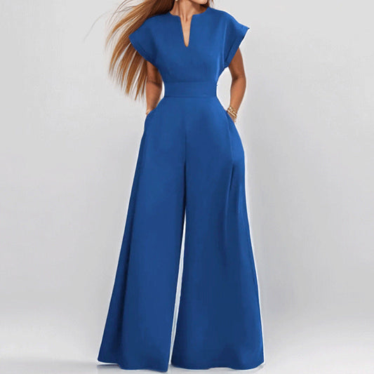 Damebuksedress – Vid passform – V-hals – Korte ermer – Vide ben – Elegant stil