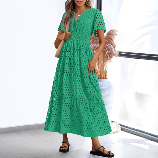 Women's Long Dress – Embroidered Lace – V-neck – Short Sleeve – Loose Fit