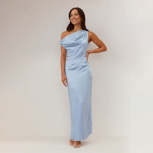Dress for Women – Midi Length – Bodycon Fit – One Shoulder – Draped Top – Satin Finish
