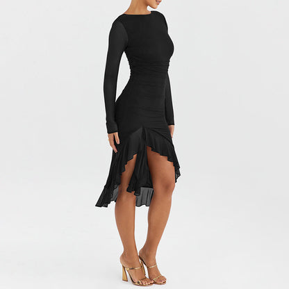Dress for Women – Slim Fit – Transparent Long Sleeves – Asymmetric Ruffle Hem