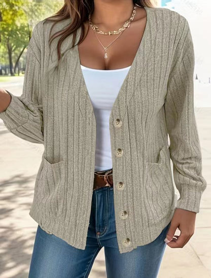Women's Cardigan – Relaxed Fit – Ribbed Knit – Buttons – Hip Length – Pockets