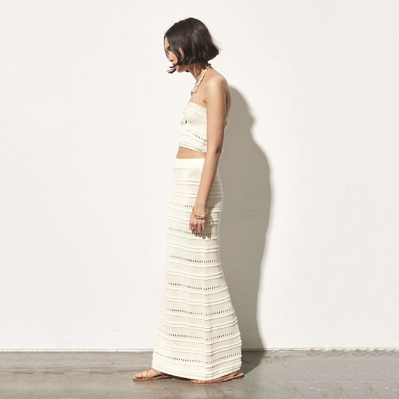 Women's Two-piece Set – Crocheted Bandeau Top and High Midi Skirt – Slim Fit