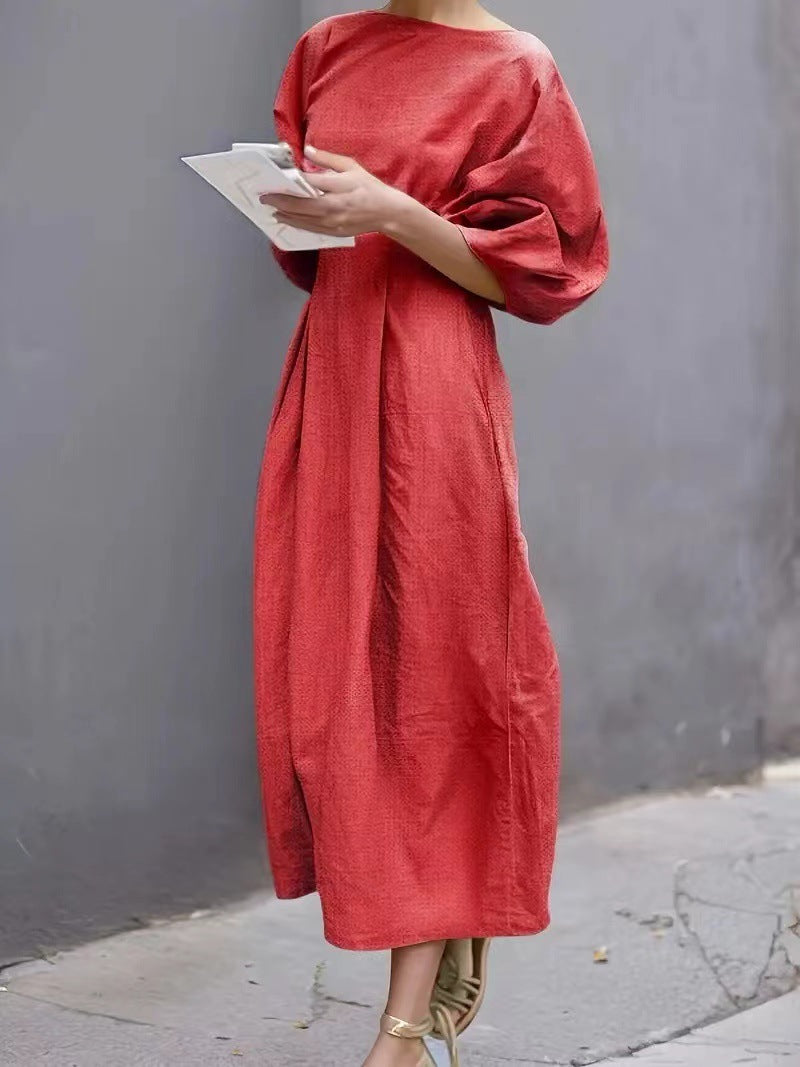 Dress woman – long dress – loose fit – puff sleeves – round neck – breathable fabric