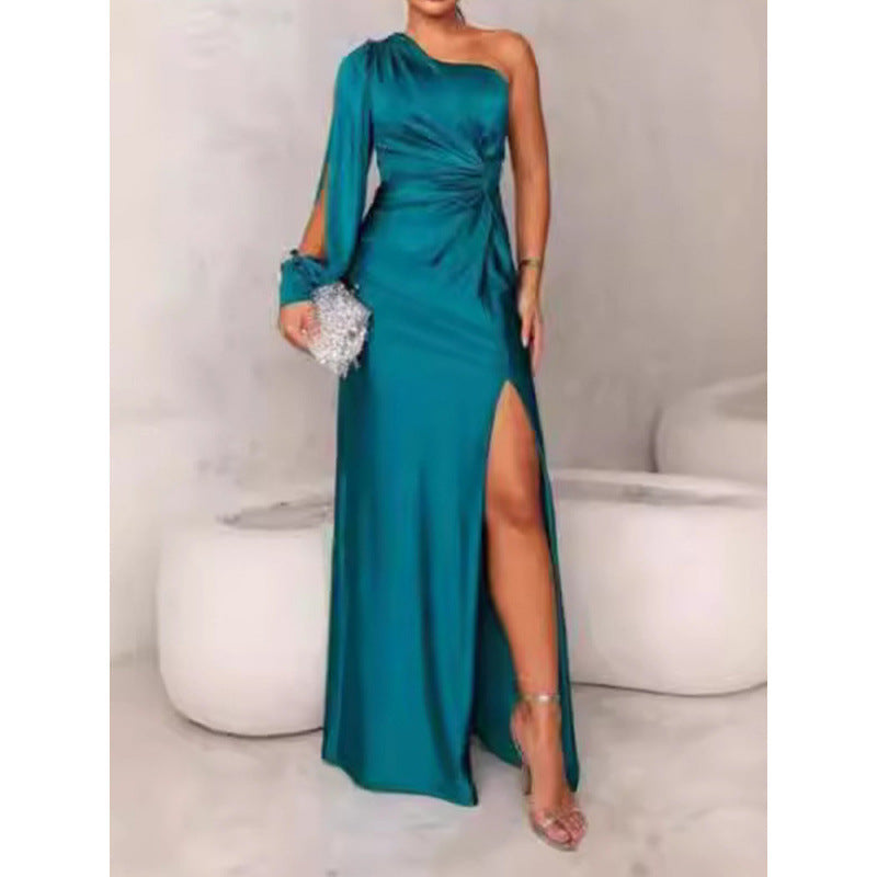 Dress for Women – Maxi Dress – Slim Fit – Satin – One Shoulder – High Slit – Draped Waist