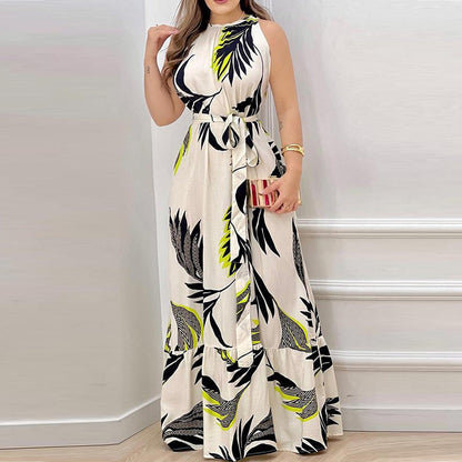Women's Maxi Dress – Halterneck – Floral Print – Ruffle Hem – Tie Waist – Airy Fit