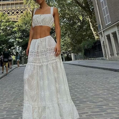 Women's Set – Off-Shoulder Lace Top – High Waist Skirt with Ruffles and Lacing