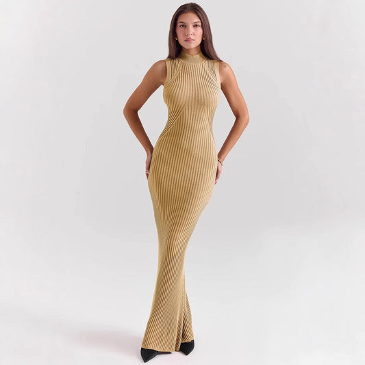 Dress for Women – Sleeveless Tight Fit – High Neck – Ribbed Knit – Mermaid Skirt