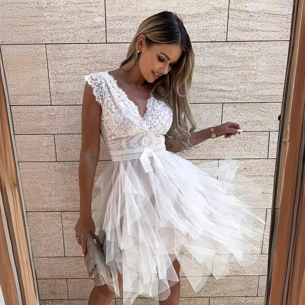 Dress for Women – Party Dress with Lace Top – V-Neck – Sleeveless – Tulle Skirt – Knee-Length