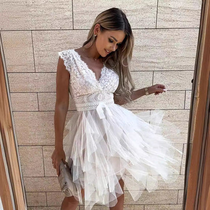 Dress for Women – Party Dress with Lace Top – V-Neck – Sleeveless – Tulle Skirt – Knee-Length
