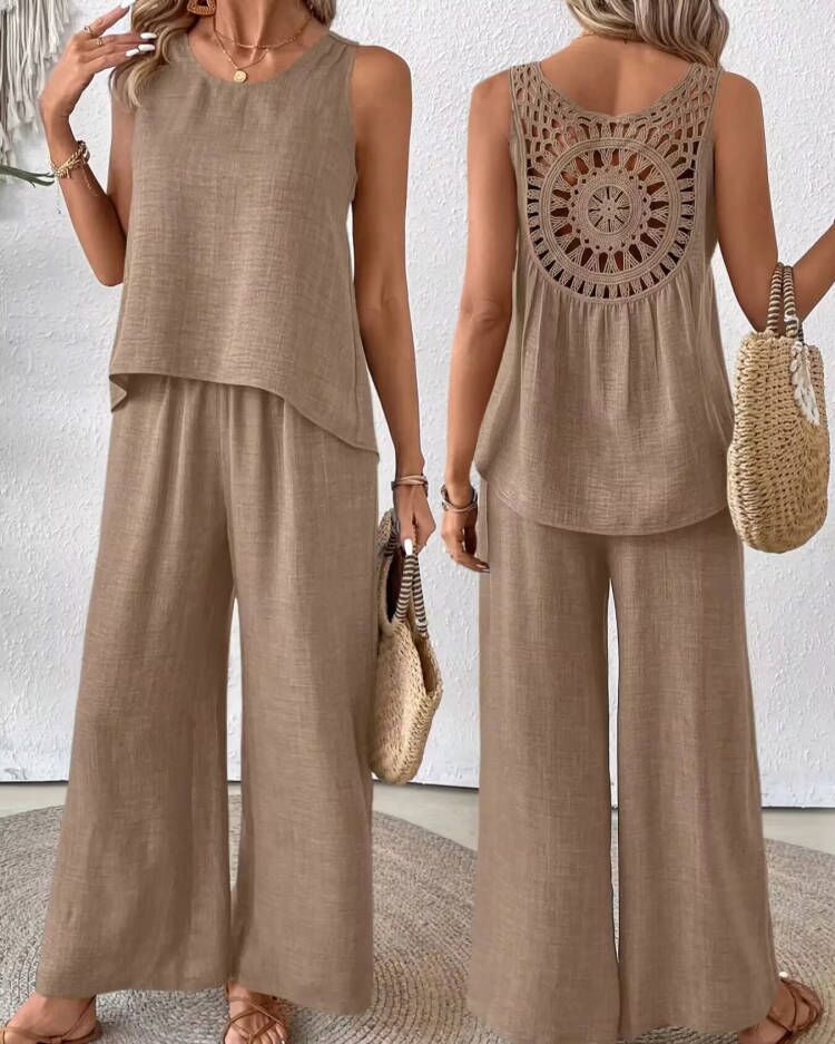 Women's Two-piece Set – Linen Blend – Sleeveless Top with Crochet Details – Wide Pants