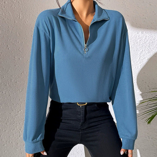 Women's Sweater with Half Zipper – Relaxed Fit – Cotton Blend – Long Sleeves