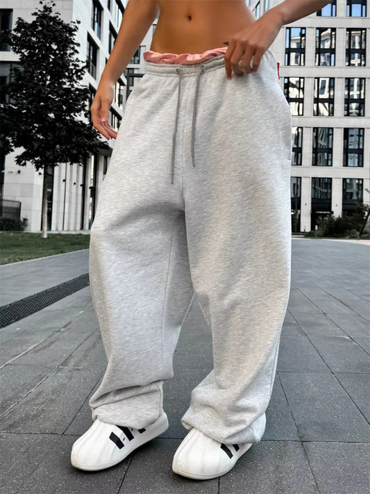 Women's Casual Pants – Wide Legs – Relaxed Fit – Soft Knitted Fabric – Drawstring Waist
