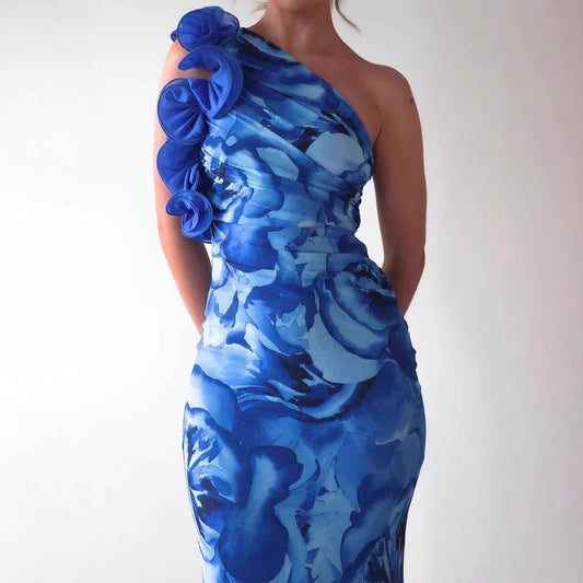 Dress for Women – Slim Fit – One Shoulder – 3D Flower – Satin-like Fabric