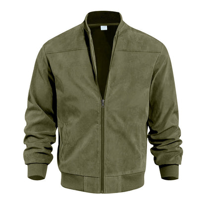 Men's Bomber Jacket – Suede Texture – High Collar – Elastic Hem and Cuffs